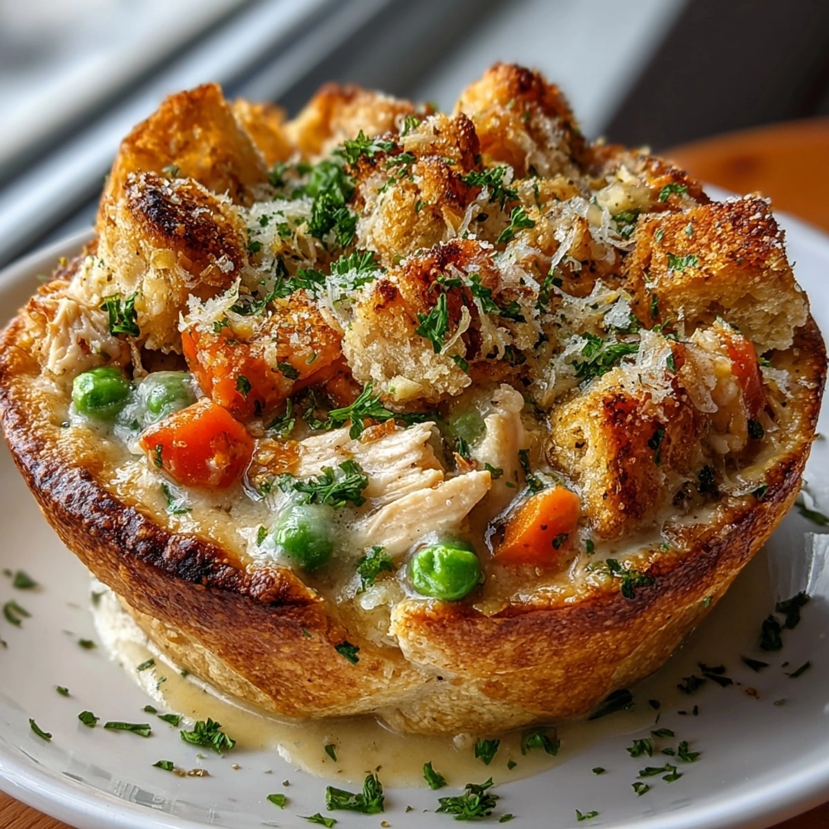 Golden-brown Pumpkin Spice Sourdough Chicken Pot Pie Cups, filled with savory chicken and vegetables.