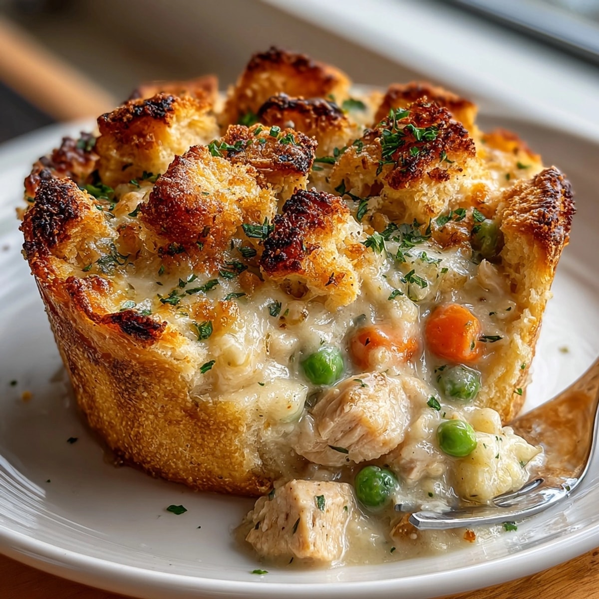 Mouthwatering close-up: Baked Pumpkin Spice Sourdough Chicken Pot Pie Cups with a perfect crust.