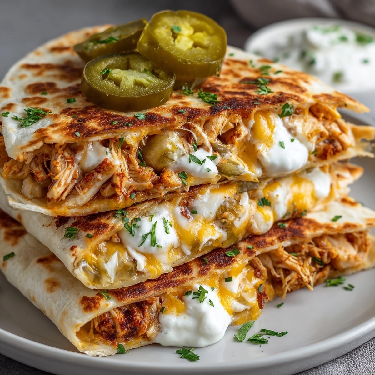 Golden, bubbly Pickle Ranch Chicken Quesadilla Bake with melting cheese and a crispy tortilla topping.