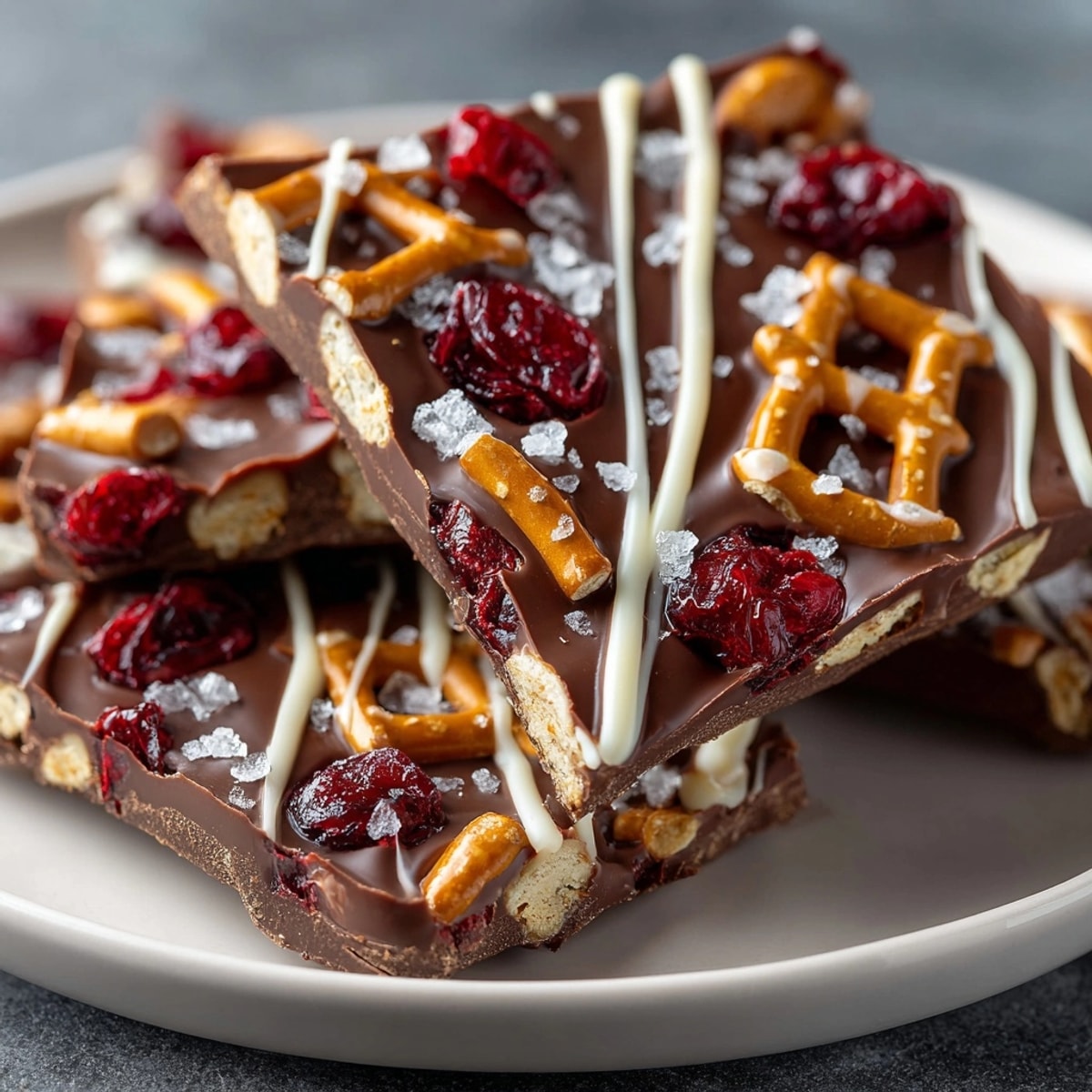 Cherry-Infused Chocolate Pretzel Bark: A delicious close-up of sweet chocolate bark studded with cherries and pretzels.