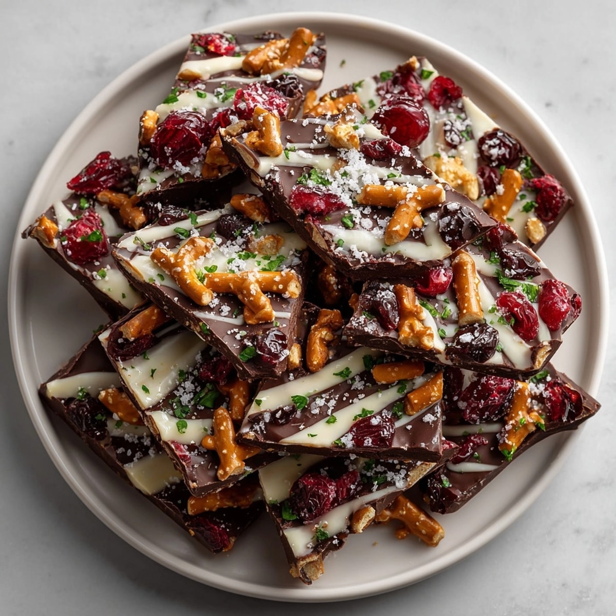 Enjoy the amazing contrast: salty pretzels and dried cherries in this simple Cherry-Infused Chocolate Pretzel Bark.