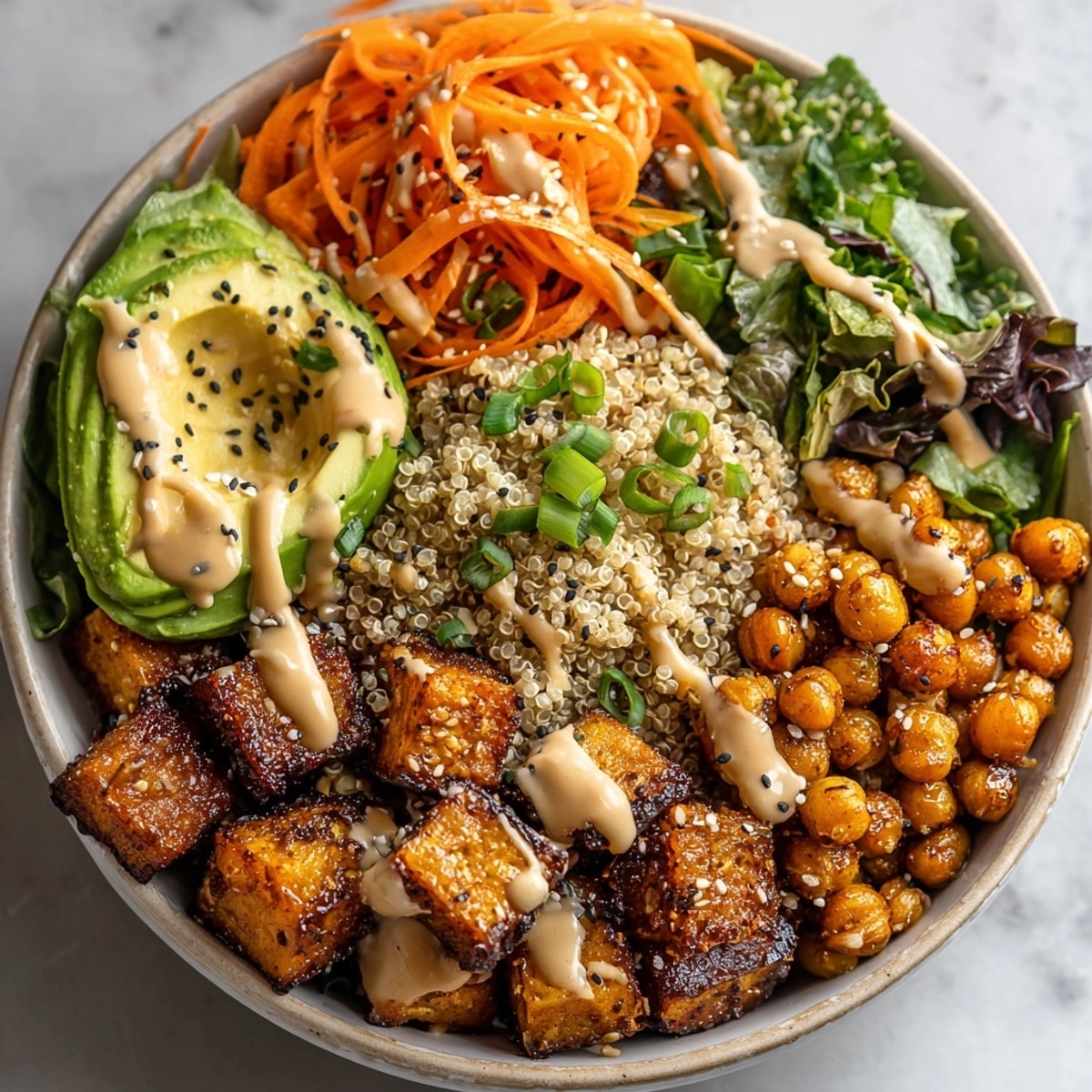 Golden miso glazed sweet potatoes and crispy chickpeas star in this vibrant power bowl.