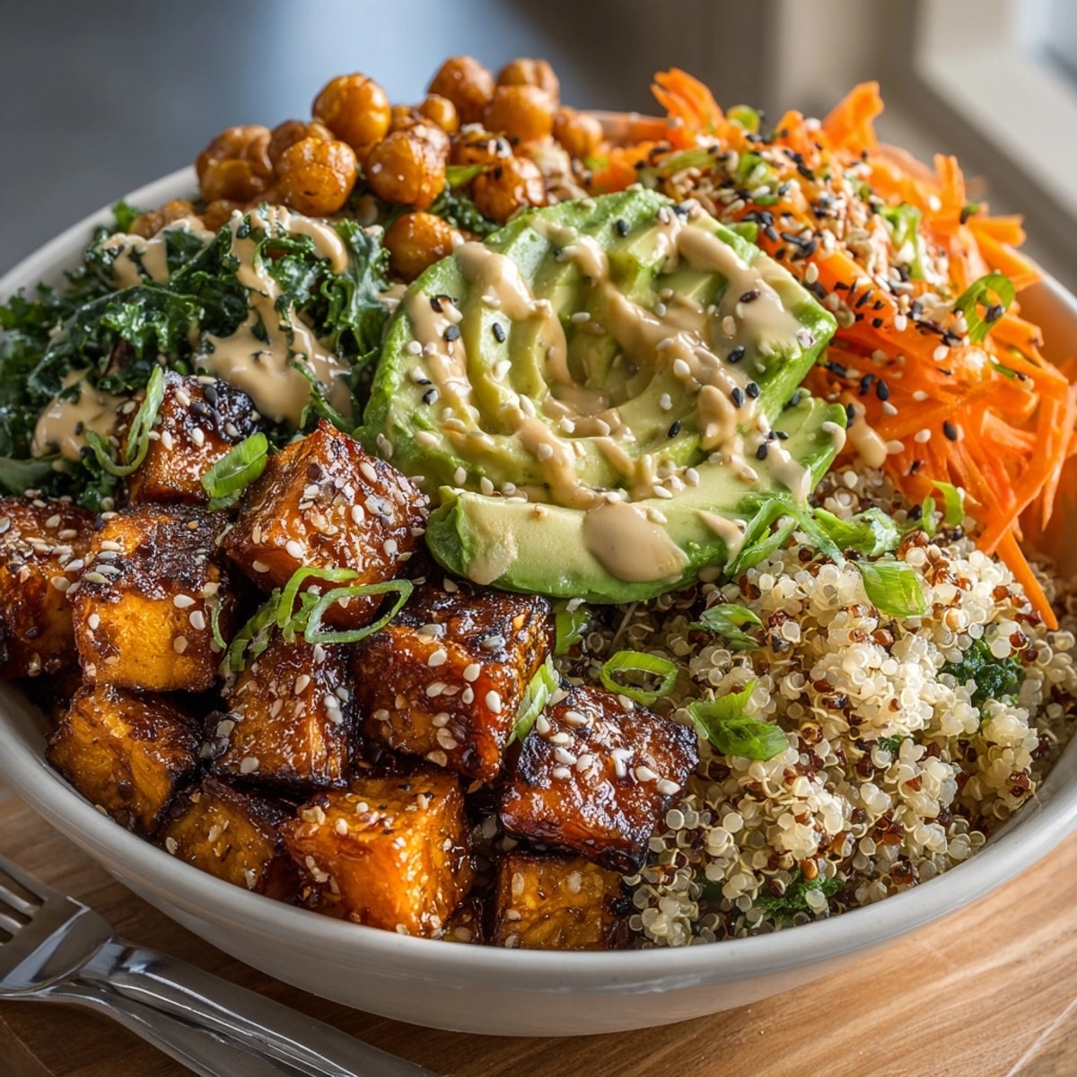 A close-up of a colorful Miso Glazed Sweet Potato Power Bowl with fresh toppings and dressing.
