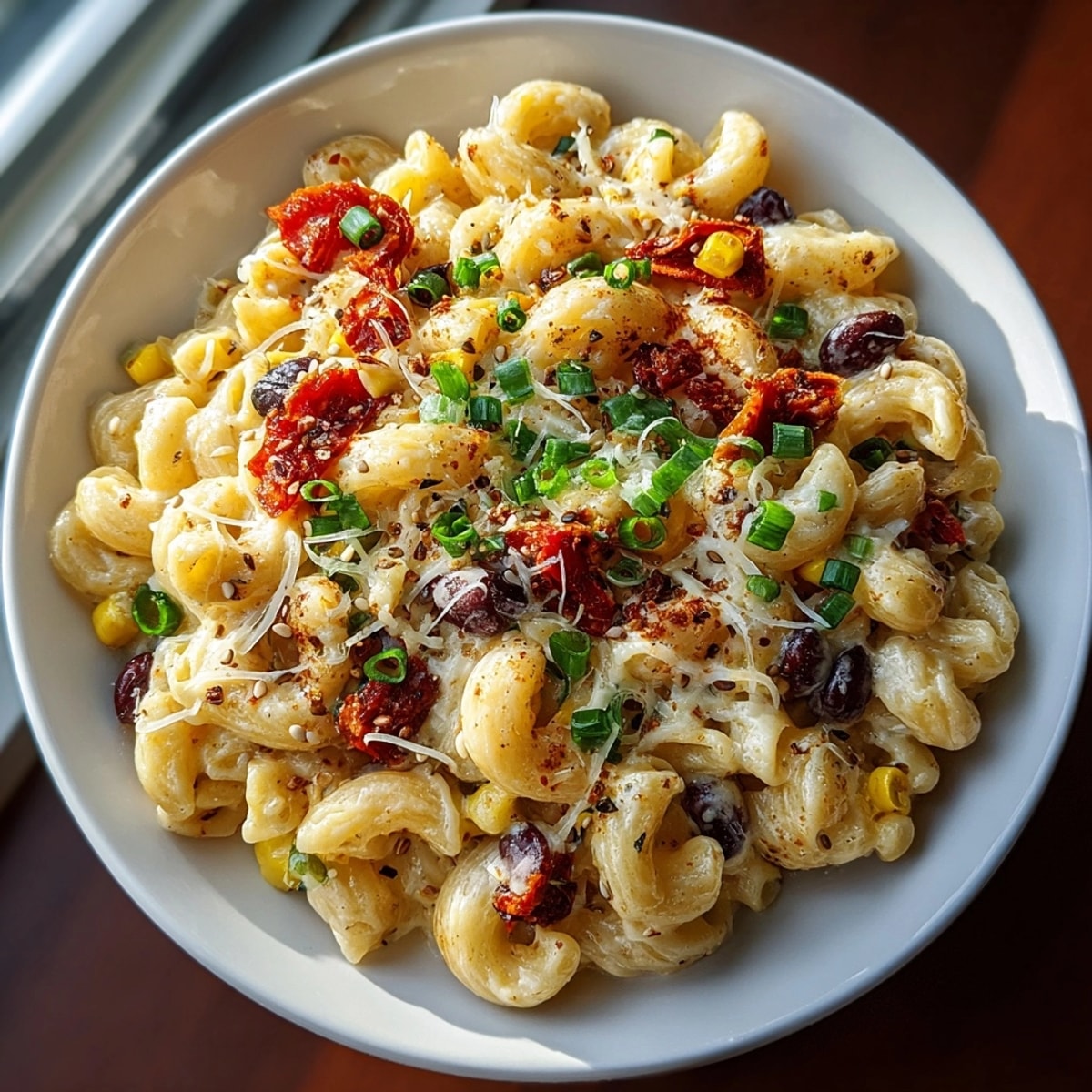 Steaming bowl of Korean-Style Honey Butter Corn Chili Mac, the savory aroma wafting upwards.