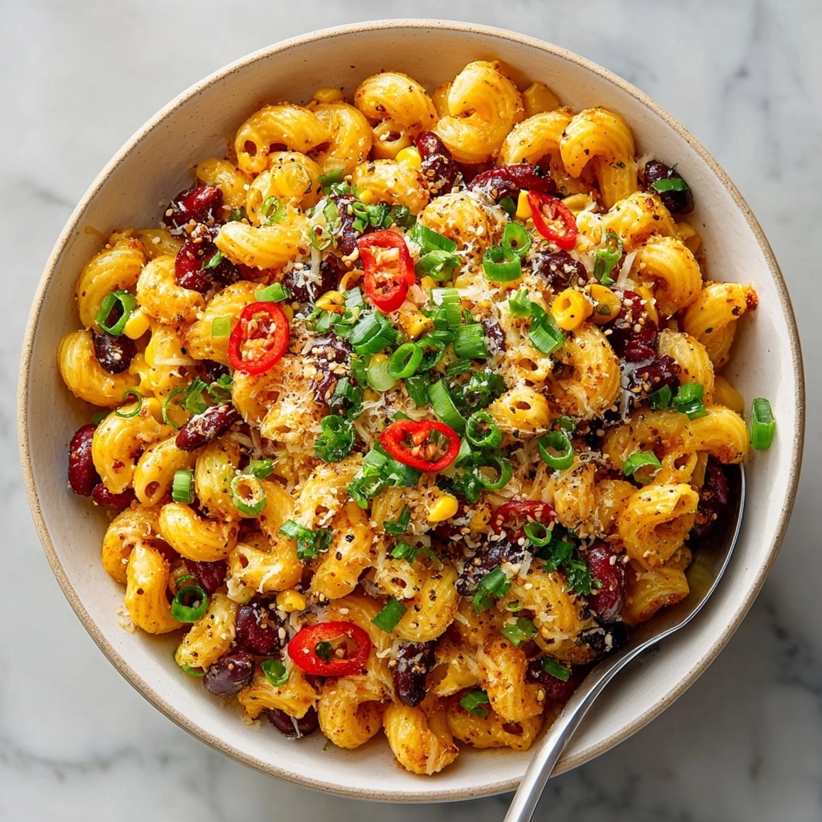 Scoop of Korean-Style Honey Butter Corn Chili Mac with a sprinkle of sesame seeds and fresh green onions.
