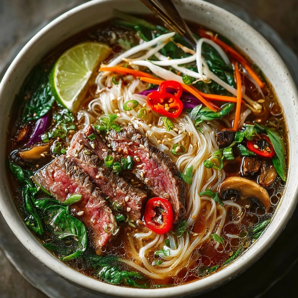 Steaming Vietnamese Pho-Inspired Beef and Veggie Bowls filled with tender beef and fresh fragrant herbs.
