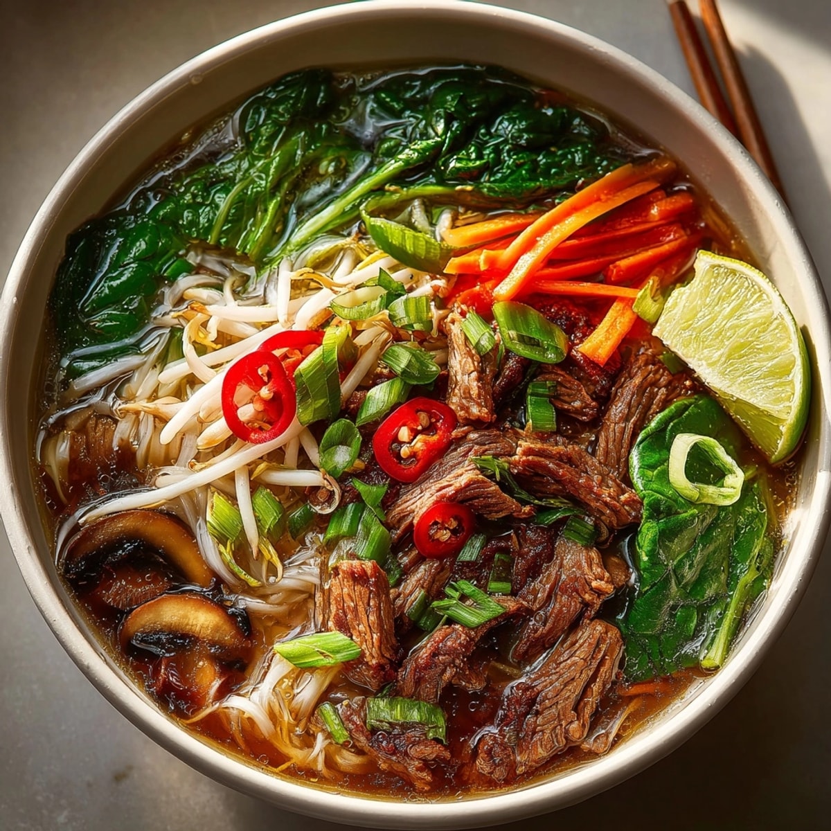 Aromatic broth surrounds the beef and veggie toppings in these flavorful Vietnamese Pho-Inspired Beef Bowls.