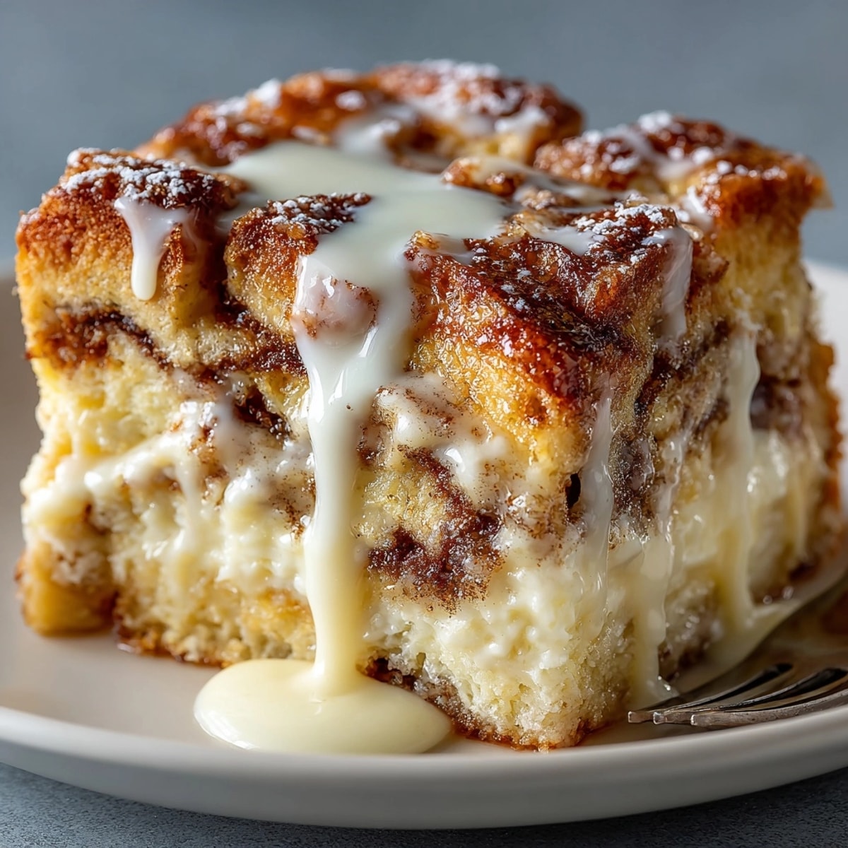 Golden-brown Cinnamon Roll French Toast Casserole, drizzled with sweet glaze, ideal for brunch.