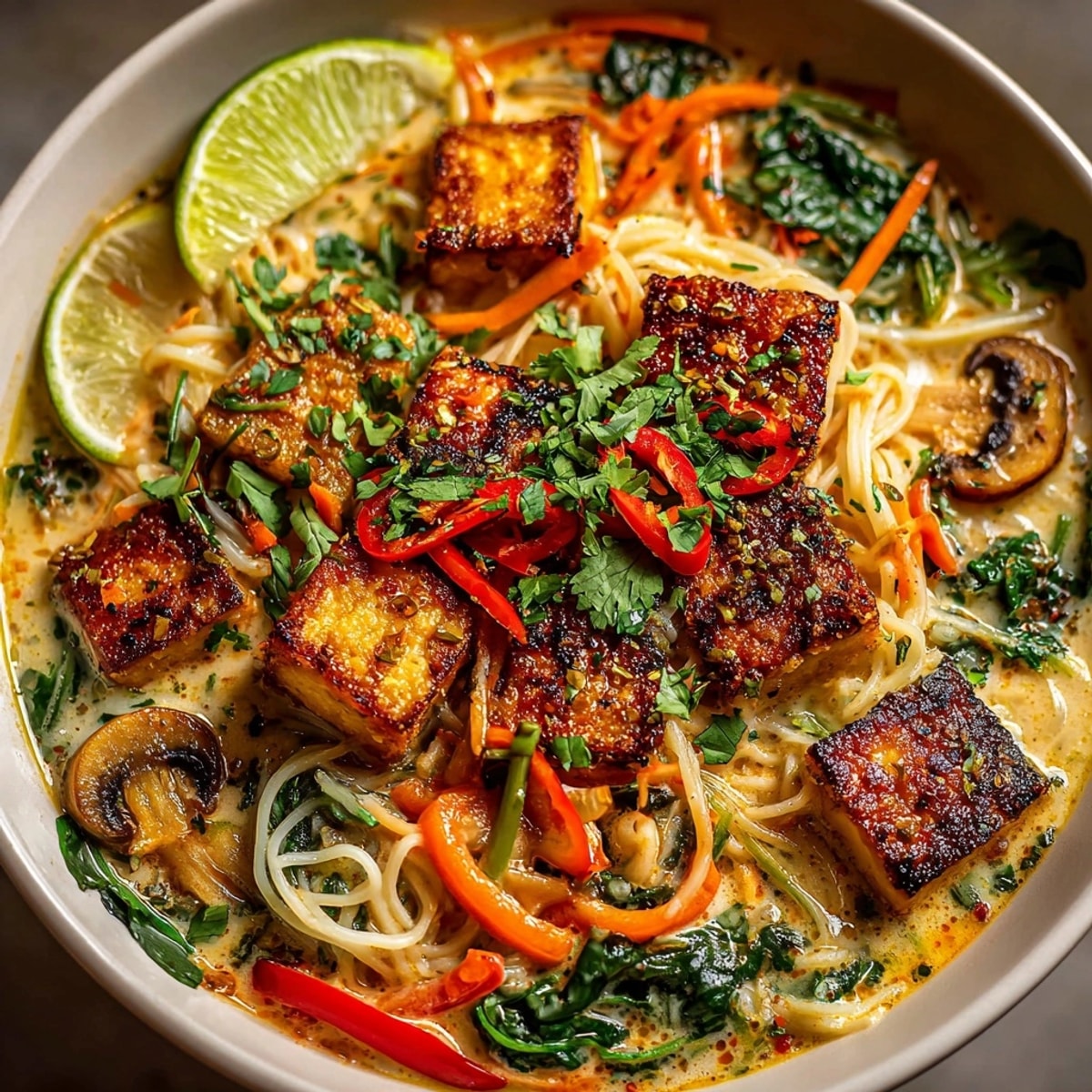 Steaming One-Pot Thai Coconut Curry Noodle Soup, showcasing colorful vegetables and creamy coconut broth.
