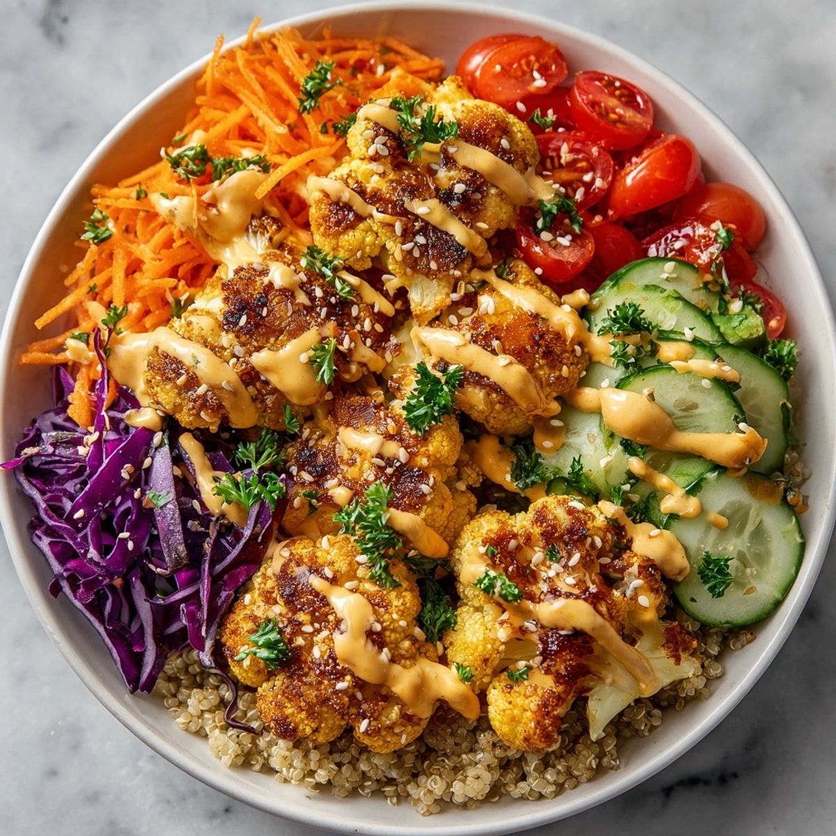 A colorful Buffalo Cauliflower Grain Bowl, featuring roasted cauliflower and creamy tahini dressing, now pictured.