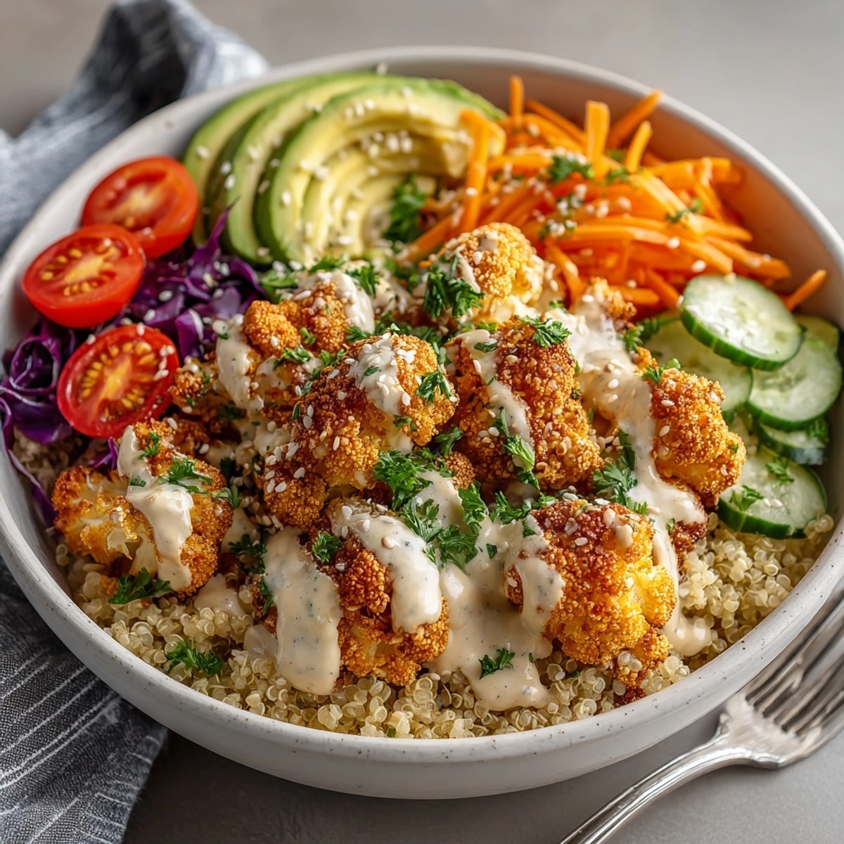 Spicy Buffalo Cauliflower Grain Bowl served with vibrant veggies and drizzled tahini for a flavorful, healthy meal.