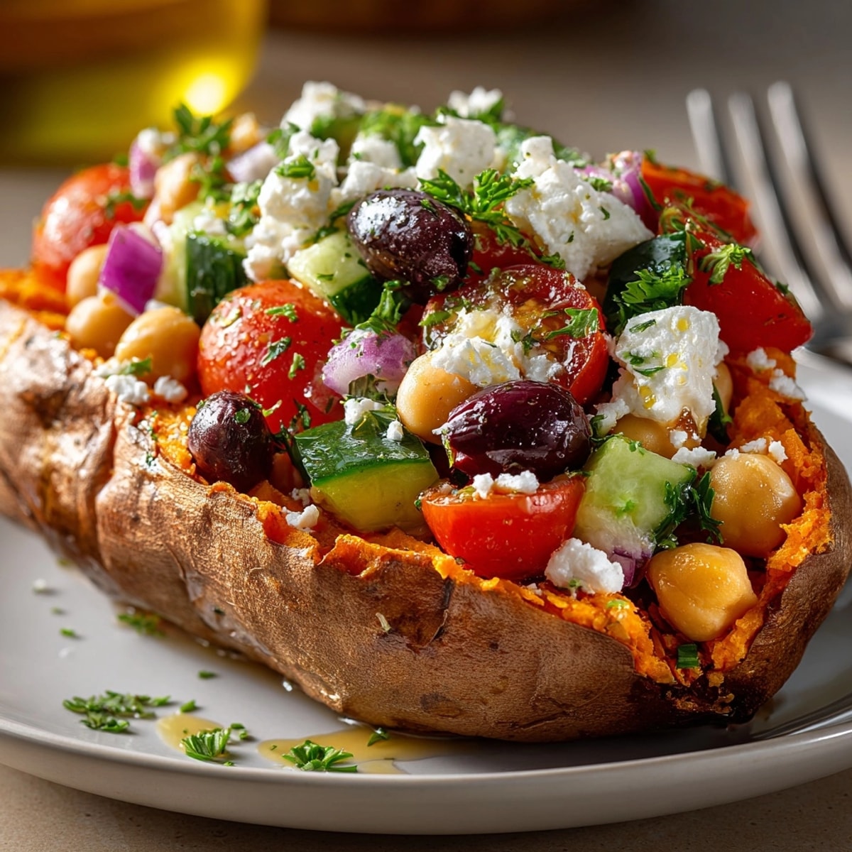 Golden Mediterranean stuffed sweet potato boats overflowing with colorful vegetables, ready to devour.