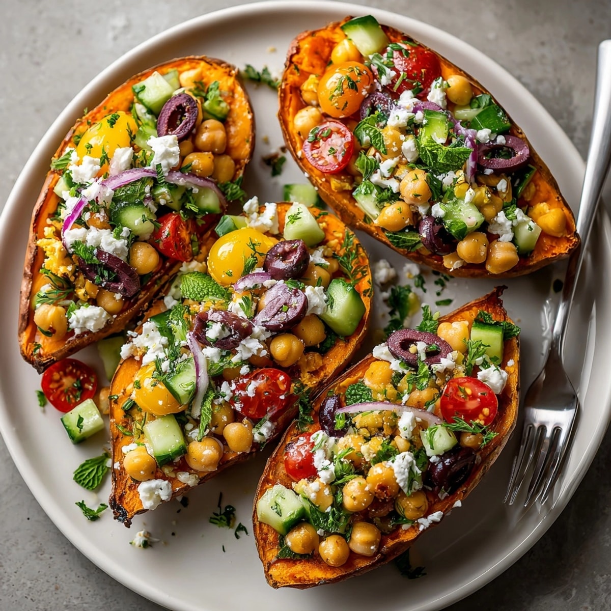 Close-up of baked Mediterranean stuffed sweet potato boats, showcasing fresh herbs and crumbled feta cheese.