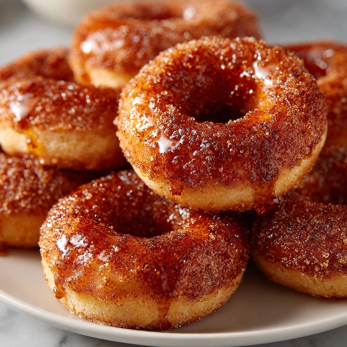Warm, spiced Apple Cider Donuts, coated in cinnamon sugar, offer a delicious aroma of fall spices.