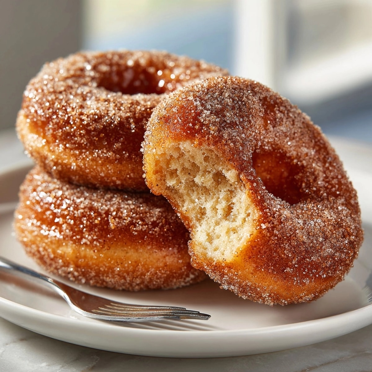 Golden-brown Apple Cider Donuts, fresh from the oven, showing a cake-like interior and perfect shape.