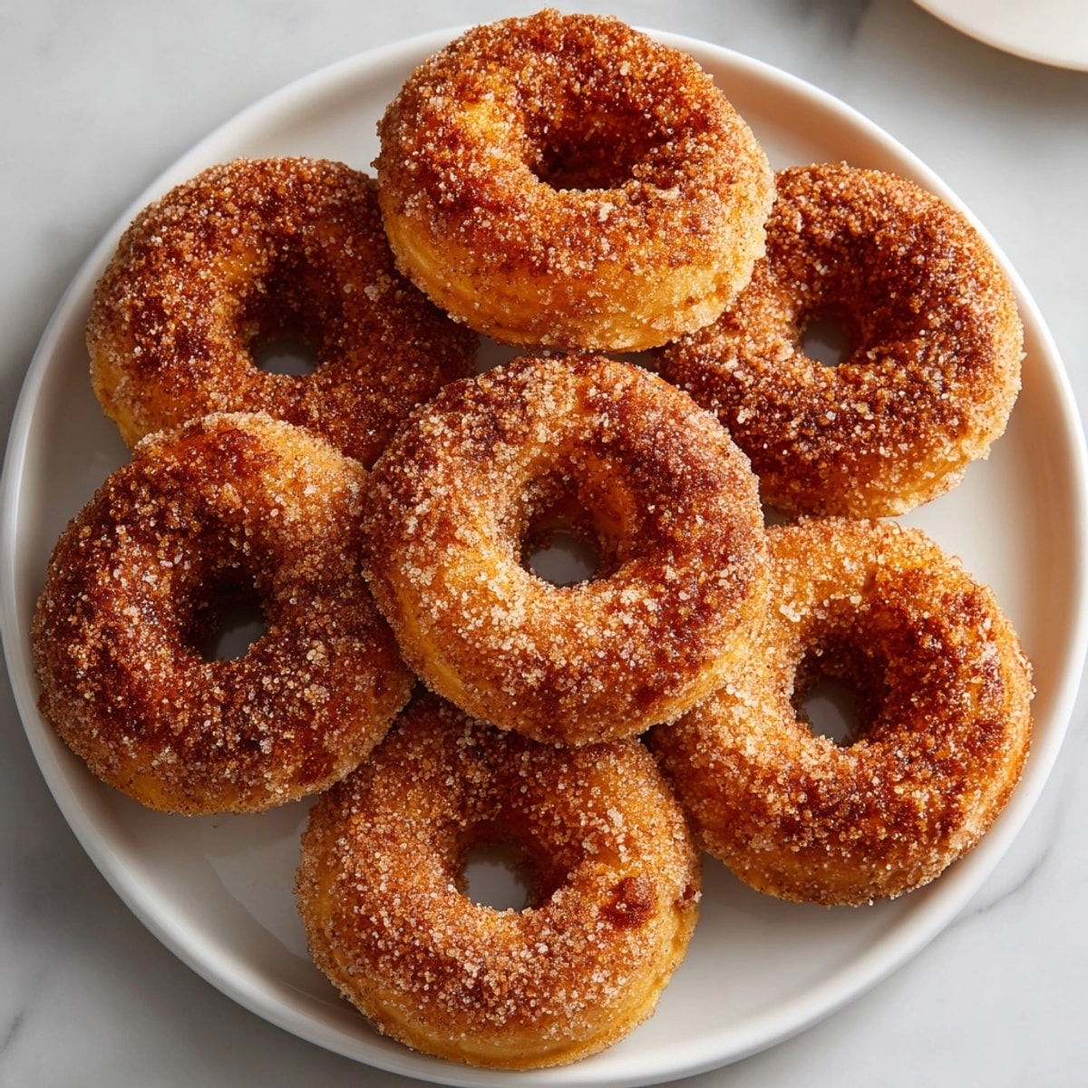 A close-up of sugared Apple Cider Donuts highlights their moist texture and the rich, spicy flavors.