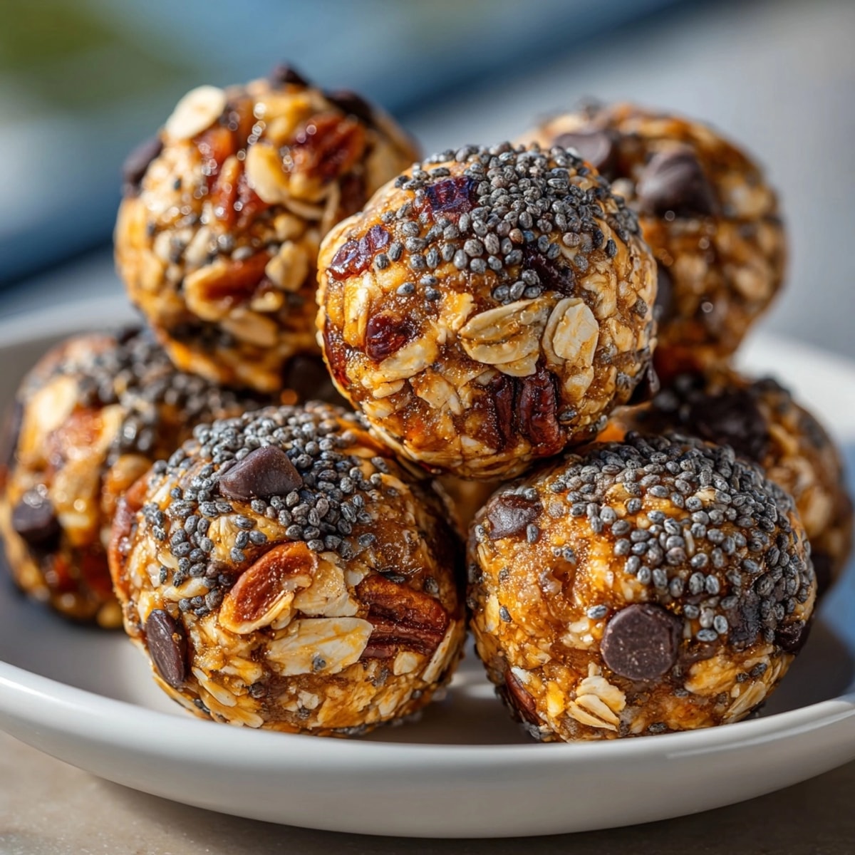 A close-up photo shows delicious maple pecan energy balls with dark chocolate, ready to eat.