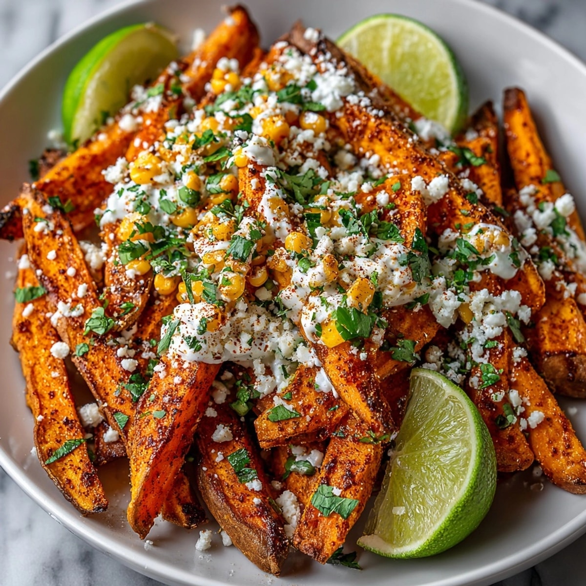 Golden, crispy Mexican Street Corn Loaded Sweet Potato Fries are showered in creamy, colorful toppings.