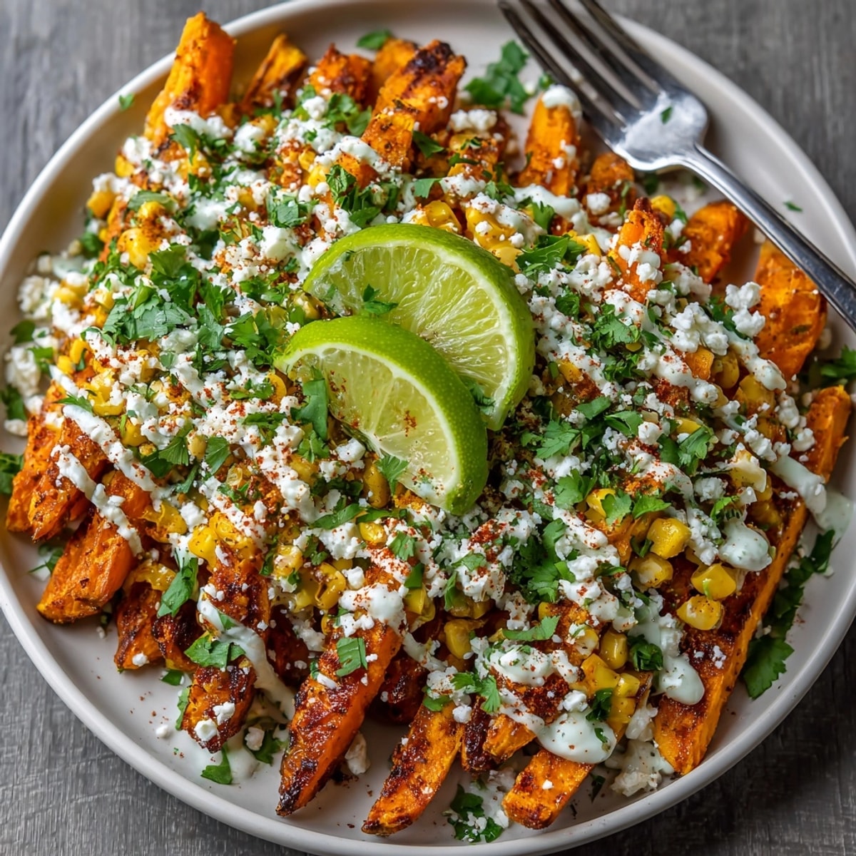 Savory Mexican Street Corn Loaded Sweet Potato Fries, featuring a delicious blend of textures and flavors, ready to eat.