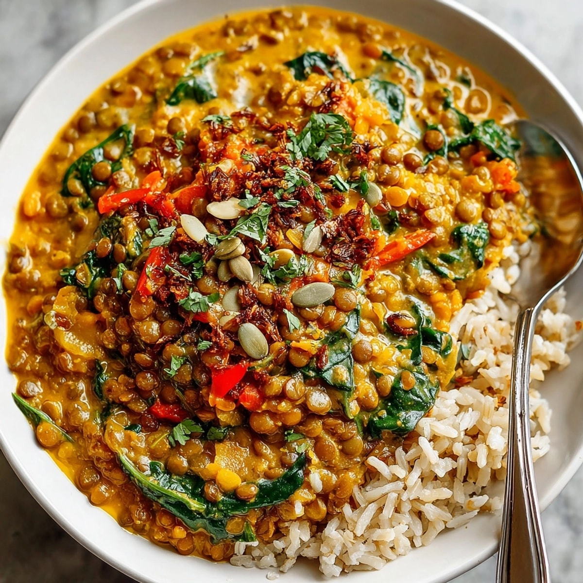 A steaming bowl of Pumpkin Curry Lentil meal prep, ready for a healthy lunch.