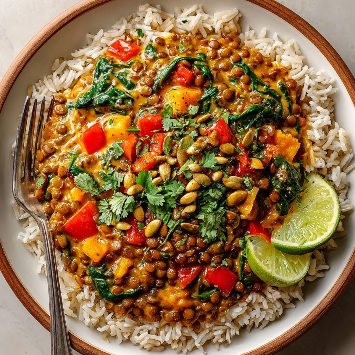 Golden pumpkin curry sauce coats lentils in these easy-to-pack Pumpkin Curry Lentil meal prep containers.