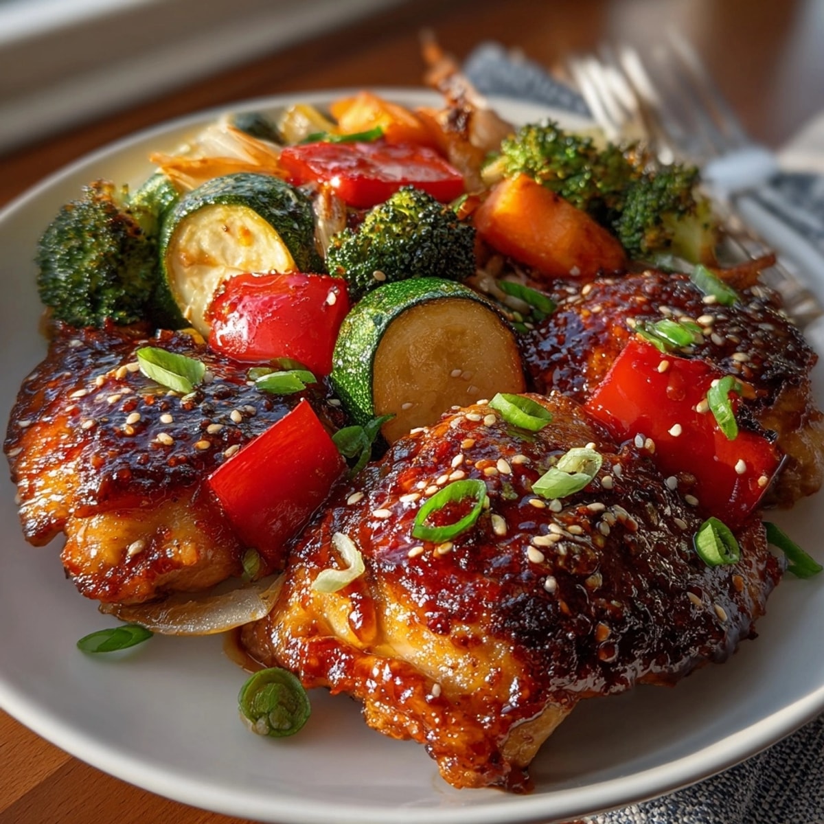 Sheet Pan Korean BBQ Chicken featuring tender, glazed chicken with colorful roasted vegetables.