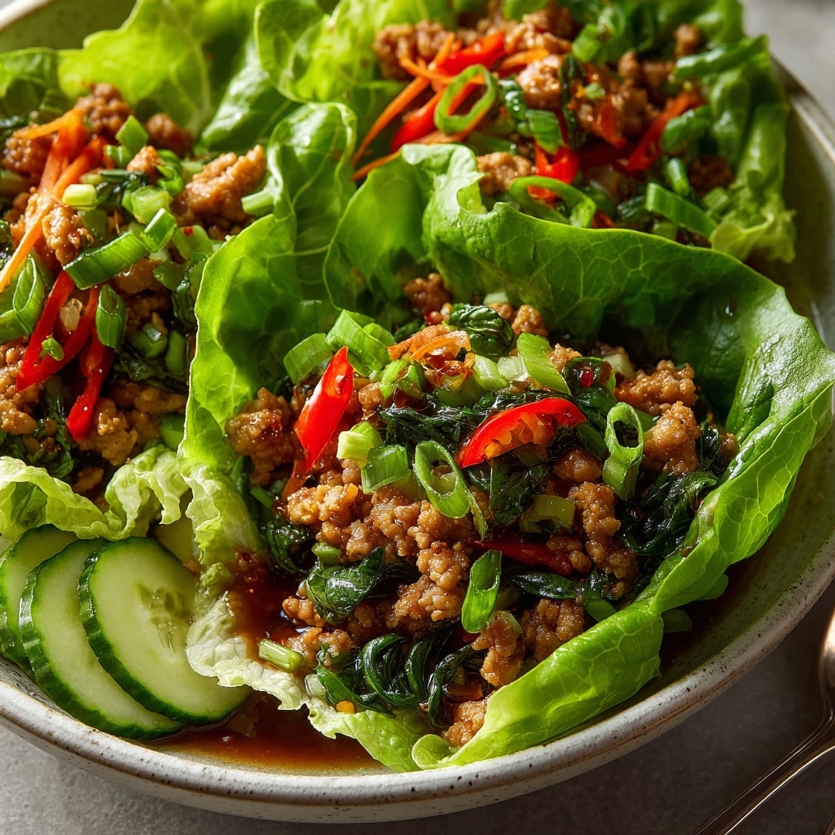 Thai Basil Chicken Lettuce Wrap Bowls with fresh basil and vibrant red bell pepper over lettuce cups.