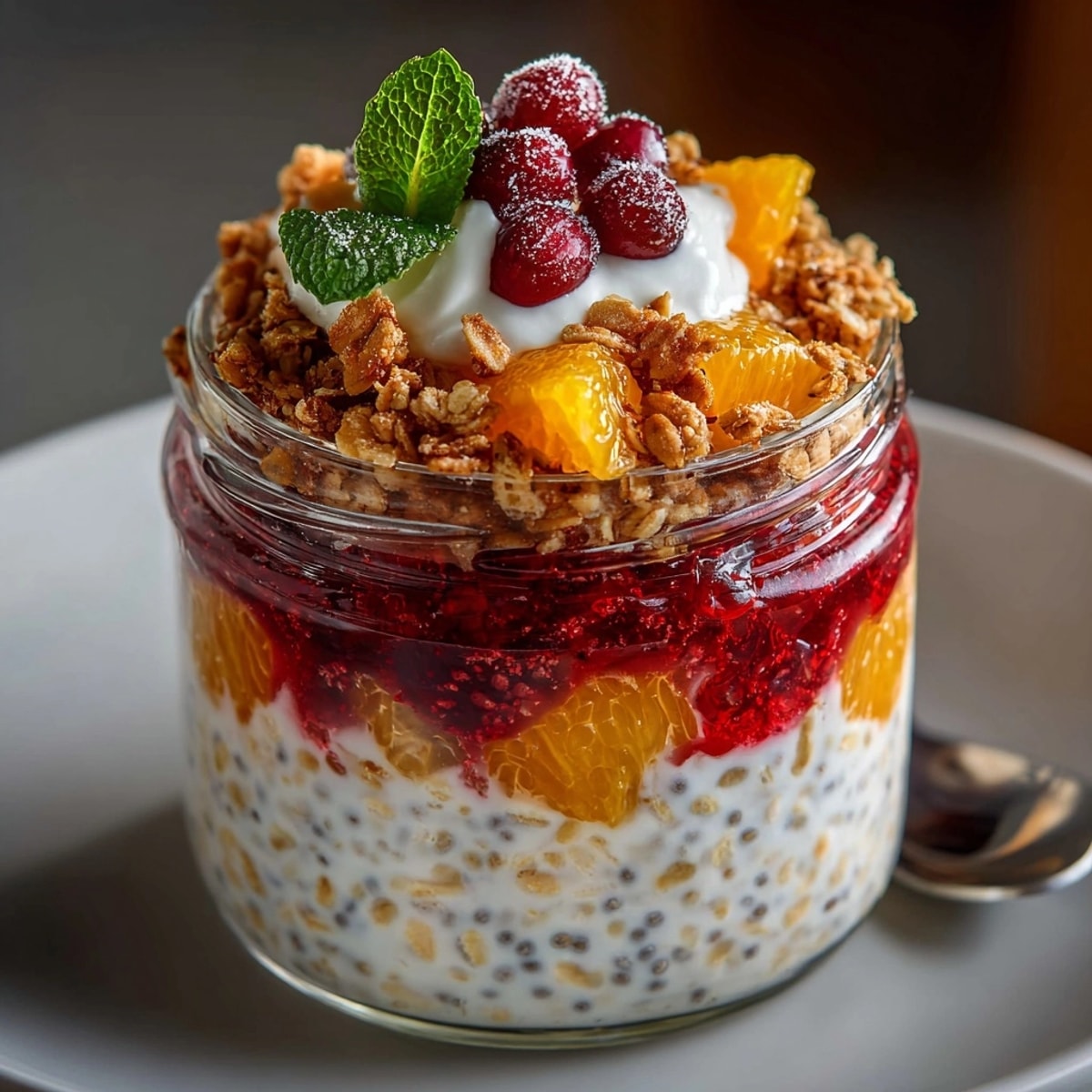 Vibrant Cranberry Orange Overnight Oats Parfait, a layered breakfast treat with fresh orange slices.