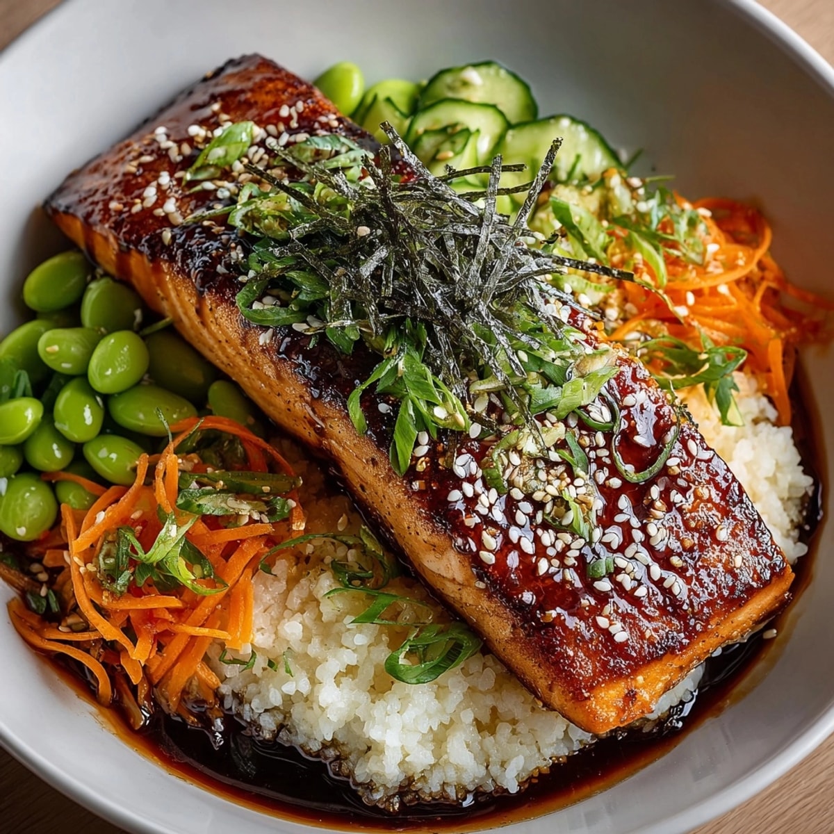 Tender teriyaki salmon bowls, visually appealing, layered with colorful vegetables and glistening sauce for a delicious meal.