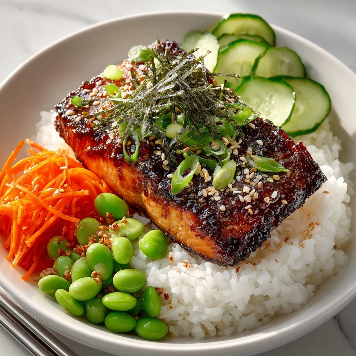 A close-up of a Japanese-inspired teriyaki salmon rice bowl, fresh and flavorful, ready to eat immediately.