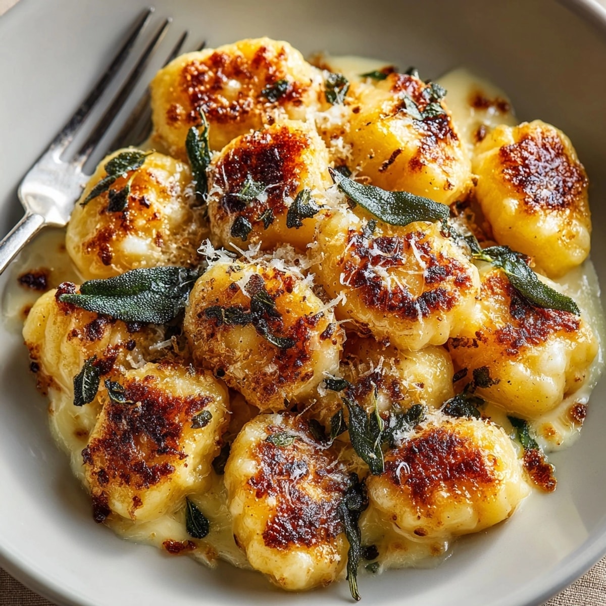Golden Brown Butter Sage Gnocchi Bake, bubbling with melted cheese and crispy sage, is dinner ready.