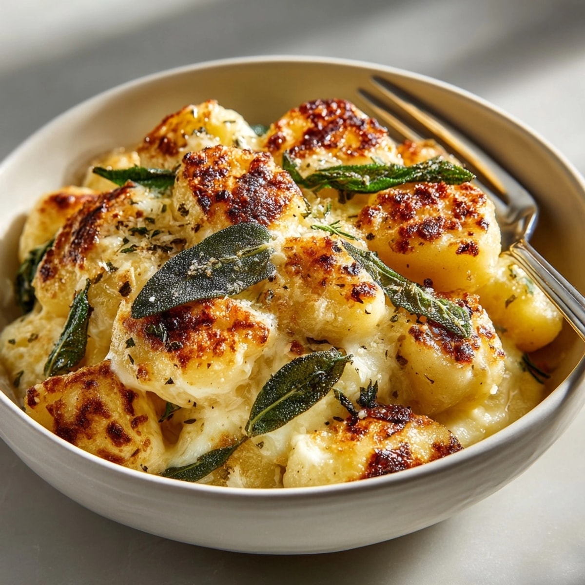 This creamy, cheesy Brown Butter Sage Gnocchi Bake features golden gnocchi and fragrant herb topping.