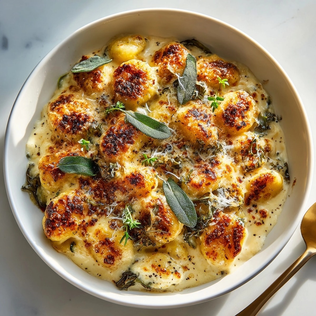 A warm, comforting dish of Brown Butter Sage Gnocchi Bake, perfect for a cozy Italian-inspired vegetarian meal.