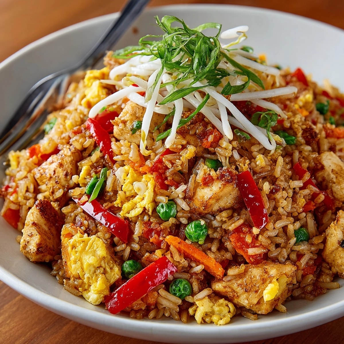 Steaming-hot Chicken Fried Rice with vibrant veggies ready to eat in a delicious bowl.