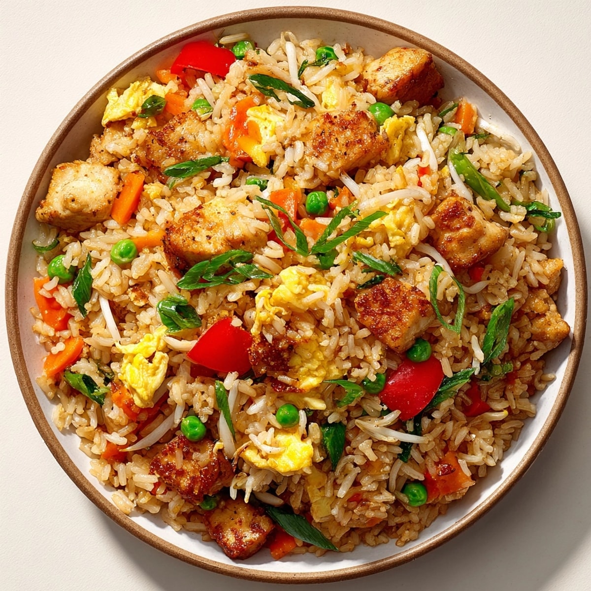 Sizzling Chicken Fried Rice with tender chicken and colorful bell peppers, ideal weeknight dinner.