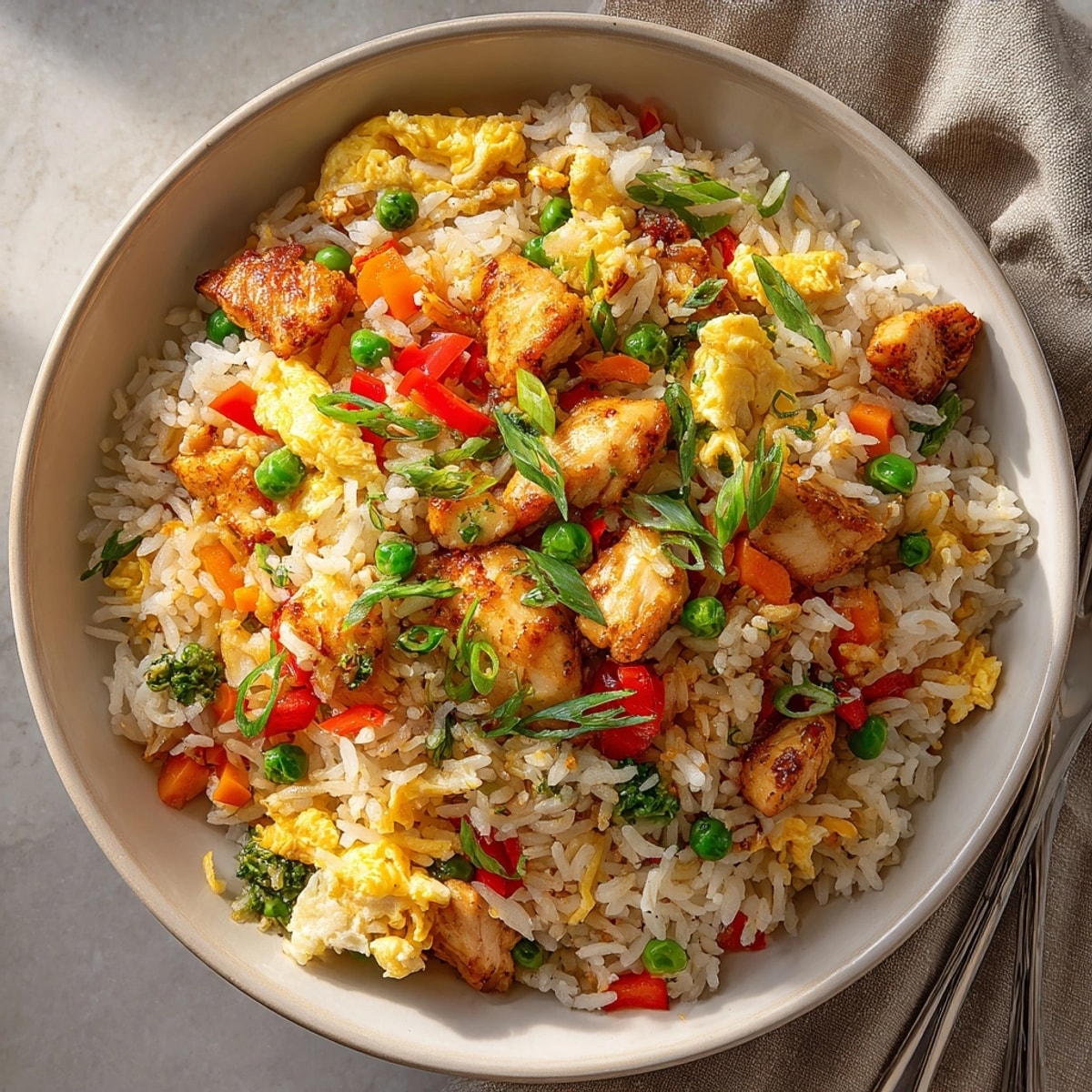 A close-up view of a flavorful Chicken Fried Rice, garnished with green onions, ready to serve.