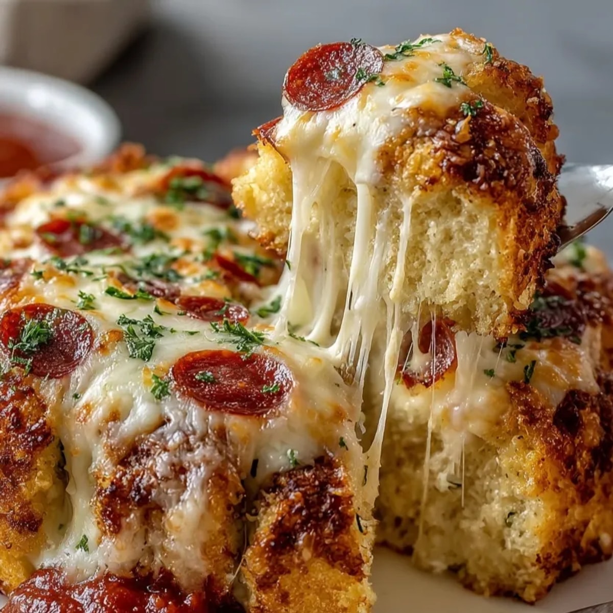 Warm, cheesy Pizza Monkey Bread with gooey pepperoni and pizza sauce, ready to eat.