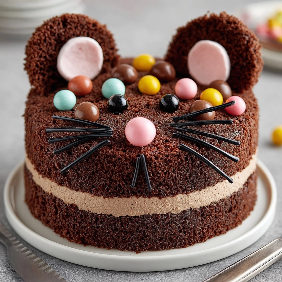 A close-up of a whimsical Silly Rat-Shaped Birthday Cake, frosted with creamy chocolate buttercream.