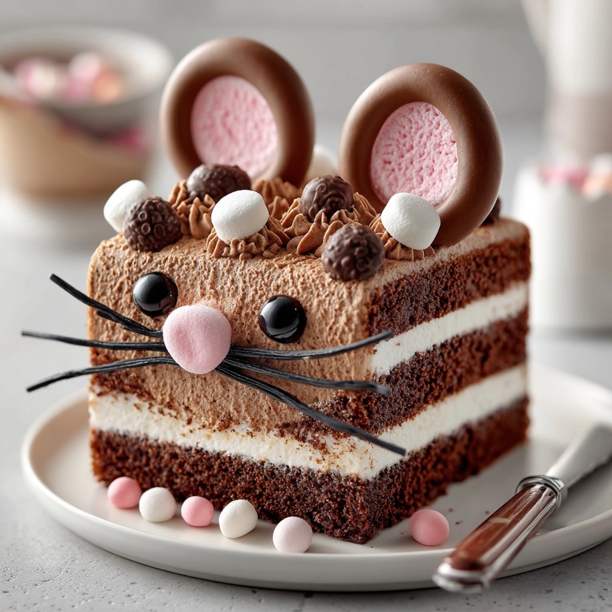 Adorable Silly Rat-Shaped Birthday Cake featuring marshmallow ears, candy decorations, ready to serve.