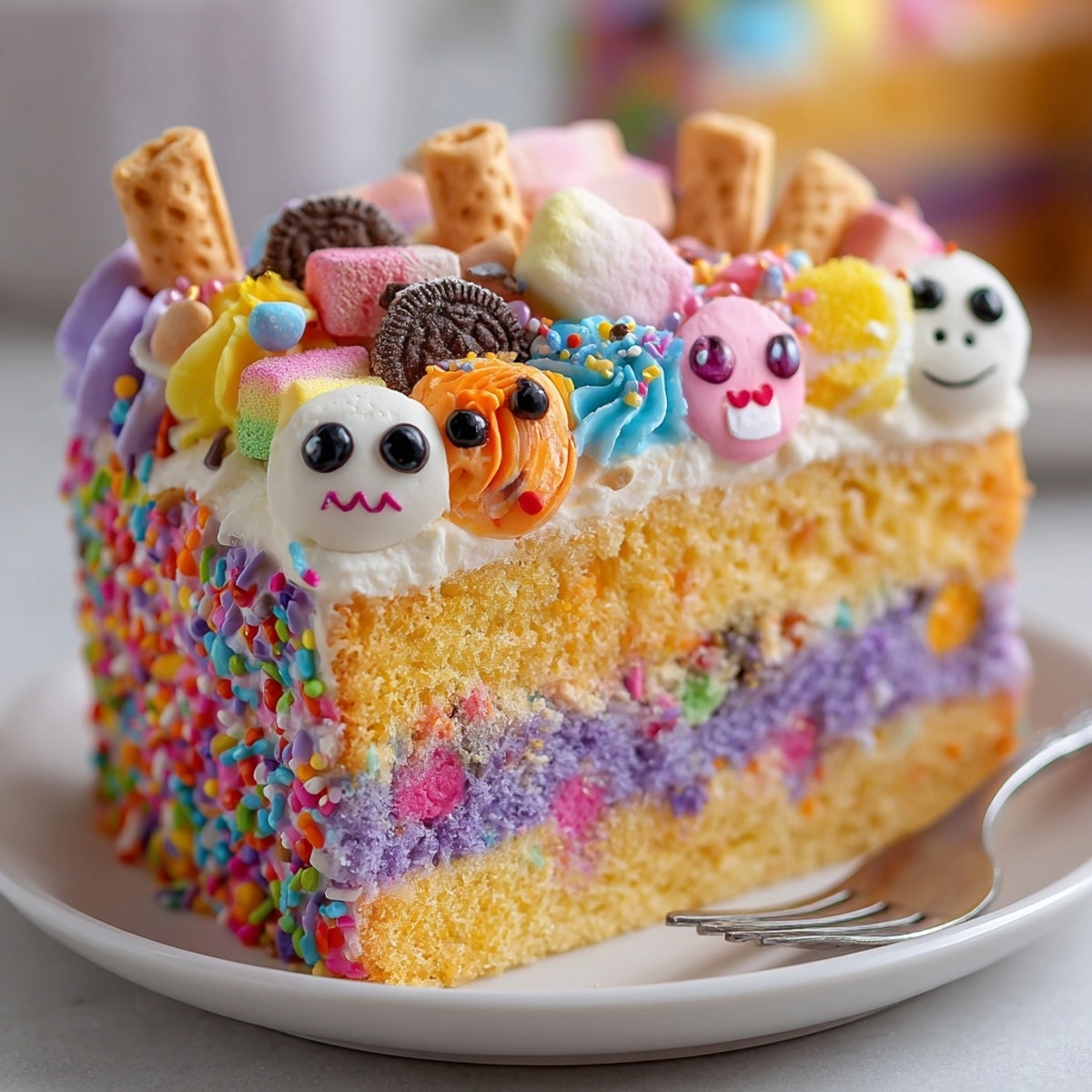Brightly decorated Chaos Cake, a fun, homemade dessert, ready to brighten anyone's day with sugary goodness.