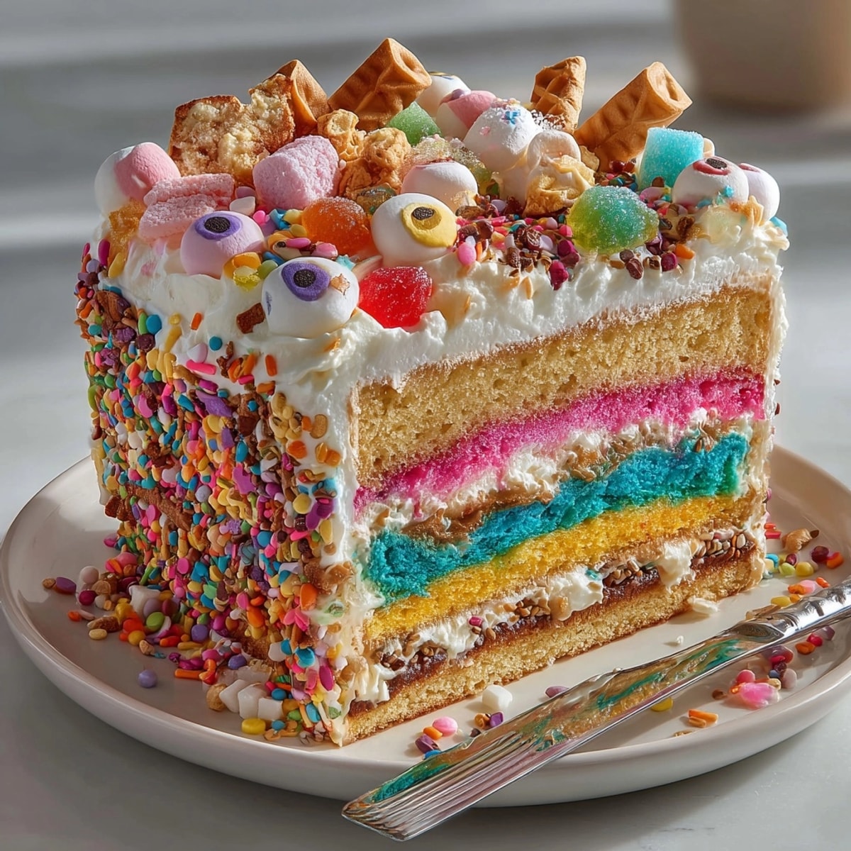 Homemade Chaos Cake loaded with colorful frosting, sprinkles, and candies, perfect for a birthday.