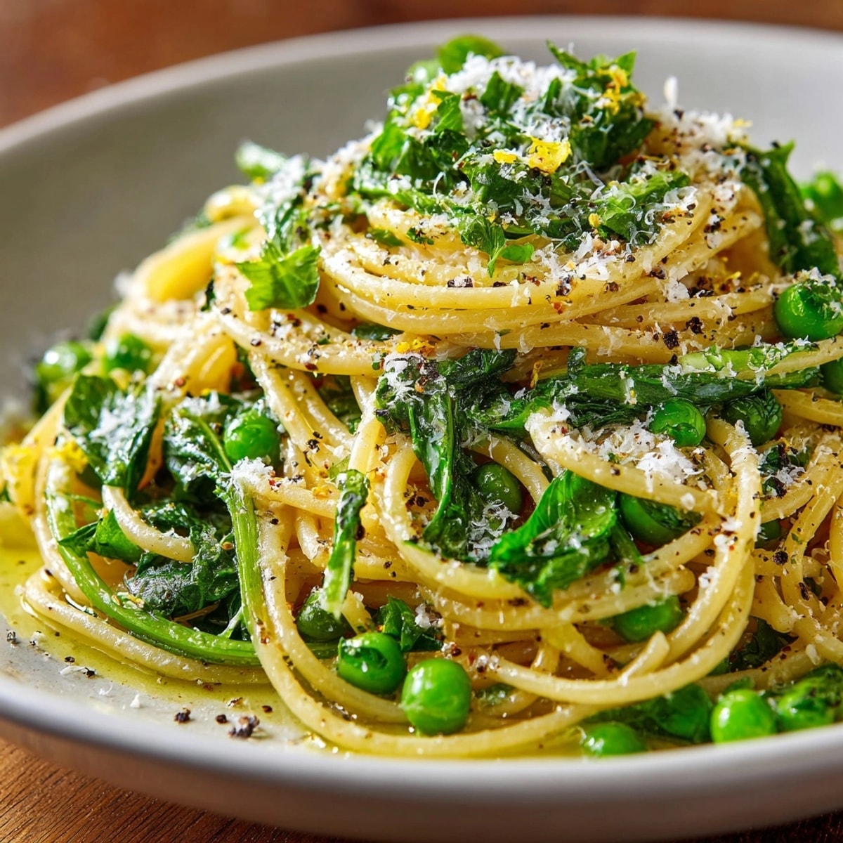 A close-up shot of Pea Shoot Pasta with Mint Oil Mist, ready to serve and enjoy.