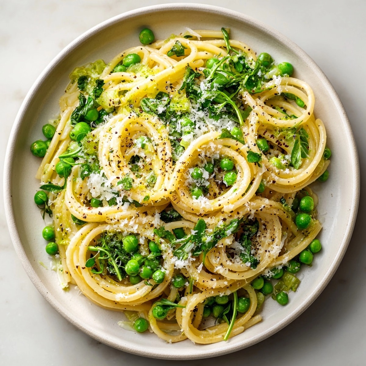 Delicious, vegetarian Pea Shoot Pasta with Mint Oil Mist, showcasing fresh ingredients and bright flavors.
