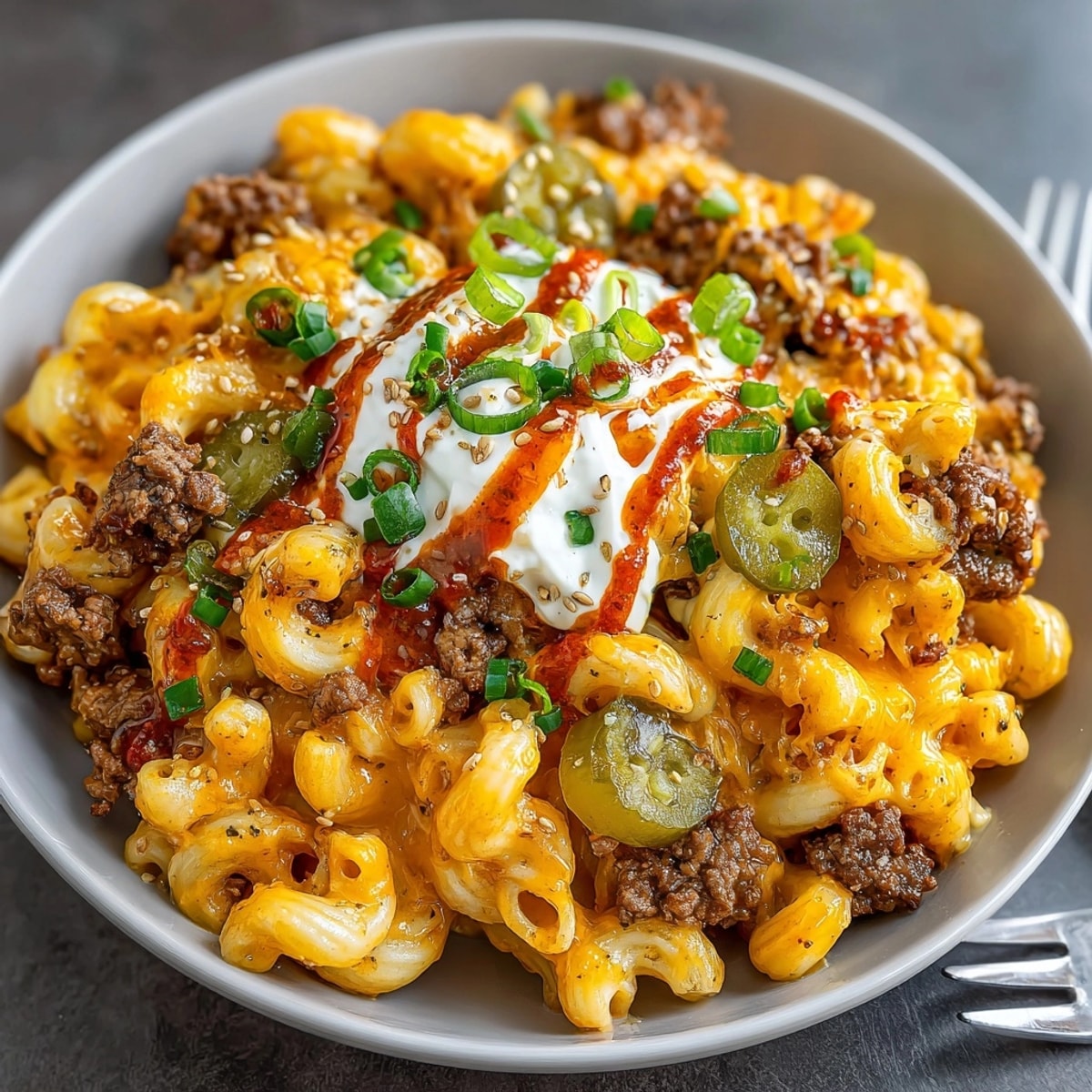 Burger Mac and Cheese with Special Sauce, a creamy, savory dish swirled with tangy sauce.