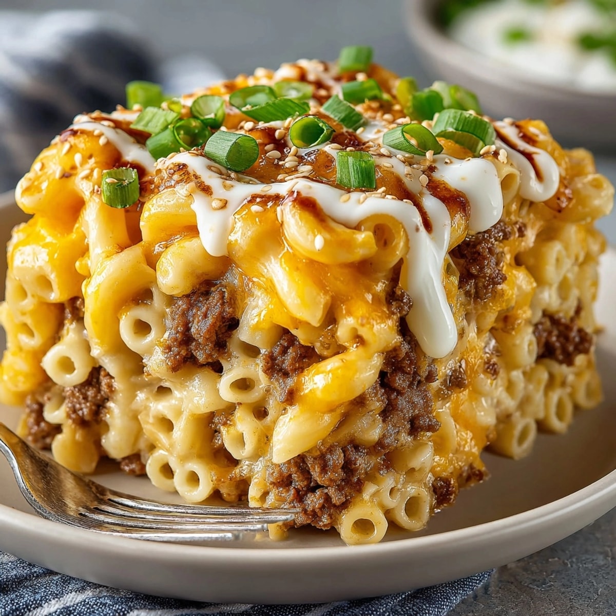 This photo shows a delicious bowl of Burger Mac and Cheese, complete with special sauce and toppings.