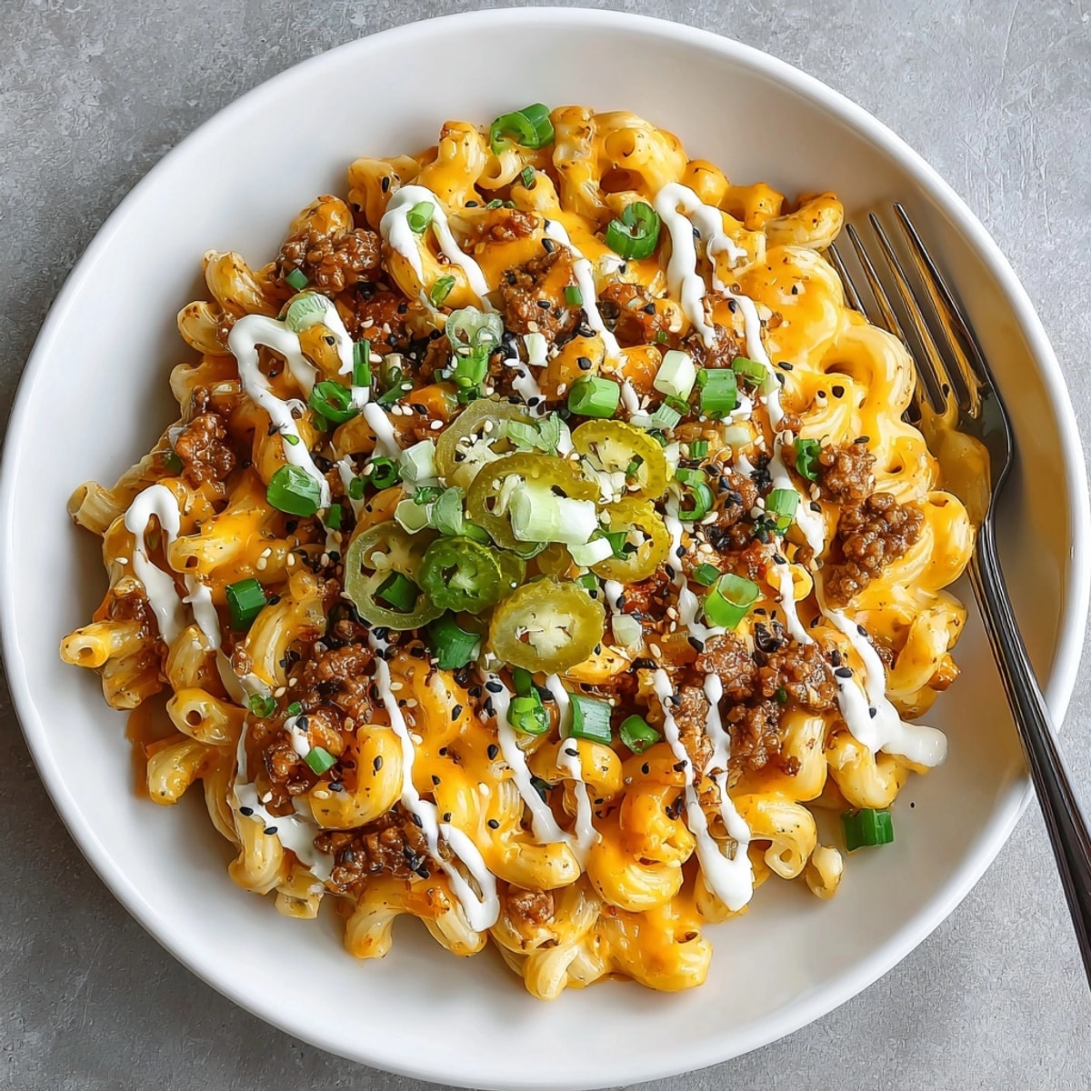 Golden Burger Mac and Cheese with Special Sauce, offering a comforting bite with seasoned ground beef.