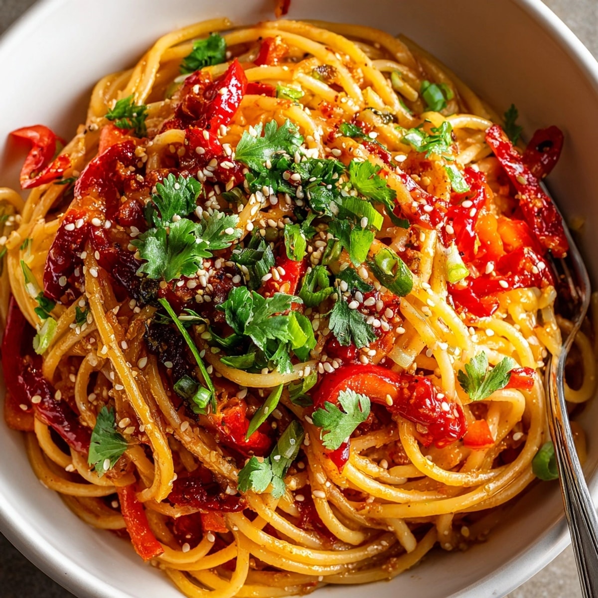 Steaming bowl of Lunar New Year Pasta with Lucky Red Sauce, vibrant and savory, ready to eat.