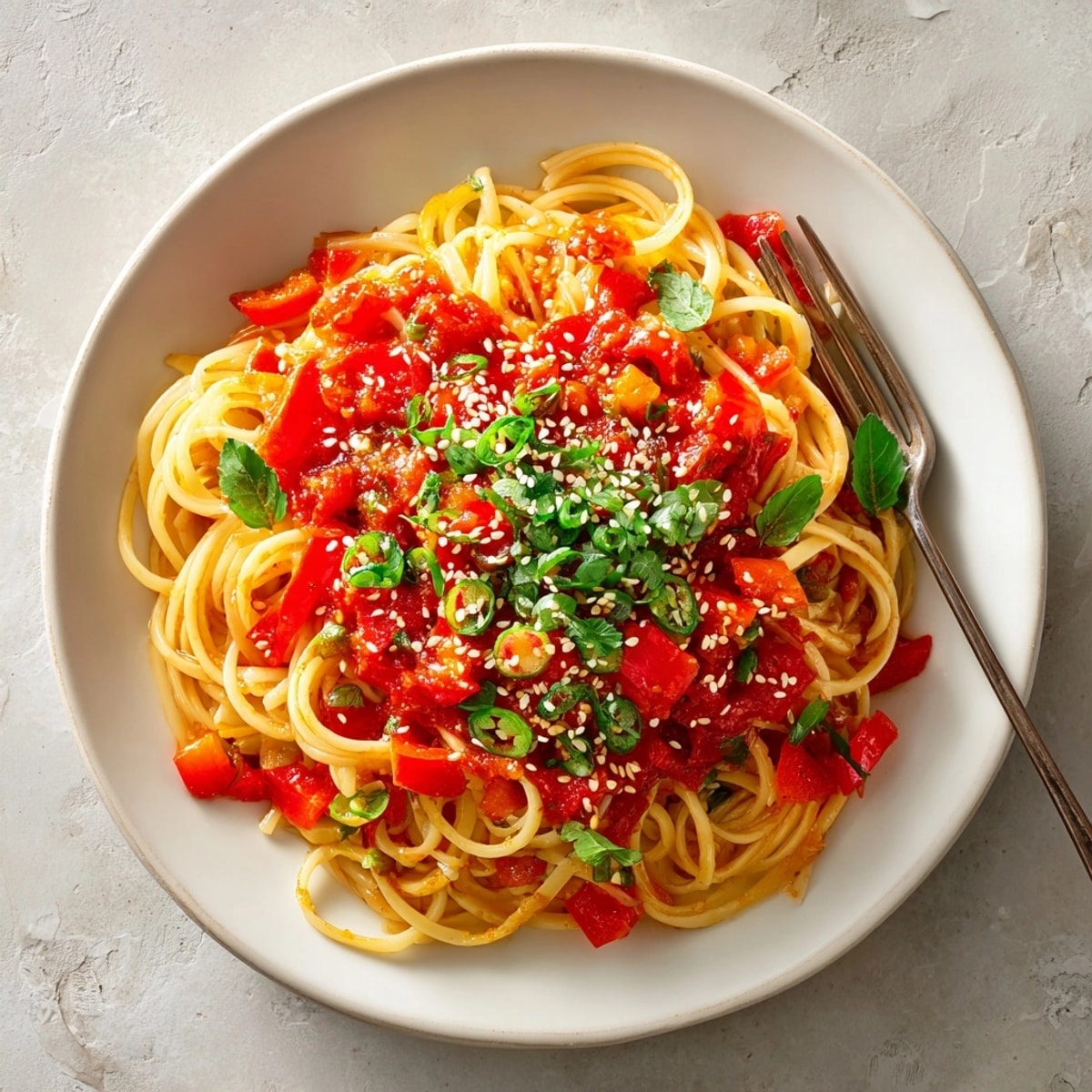 Close-up of flavorful Lunar New Year Pasta with Lucky Red Sauce, rich tomato color, perfect for sharing.
