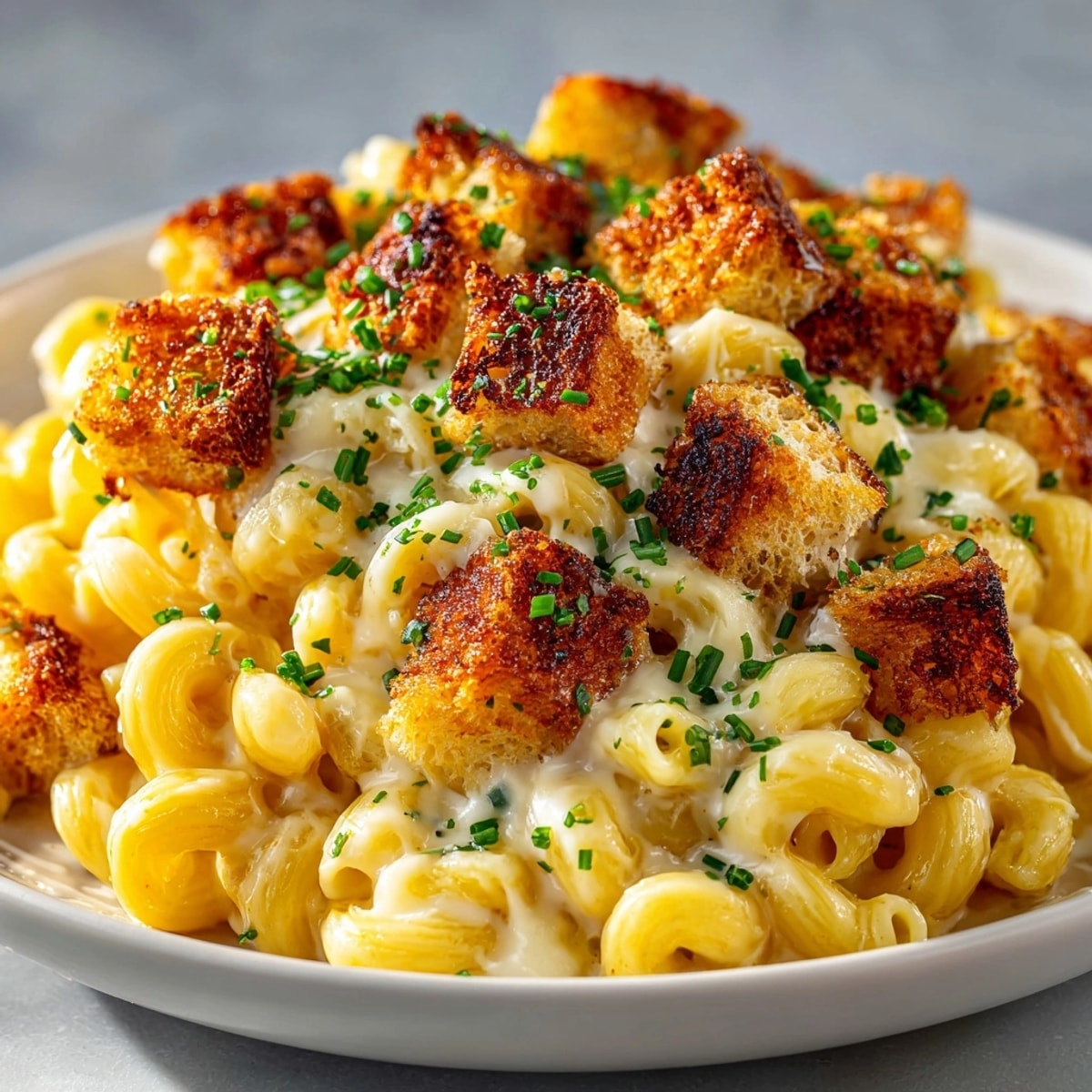 Creamy Grilled Cheese Pasta, a delightful blend of pasta and melted cheddar, topped with crunchy crouton clusters.