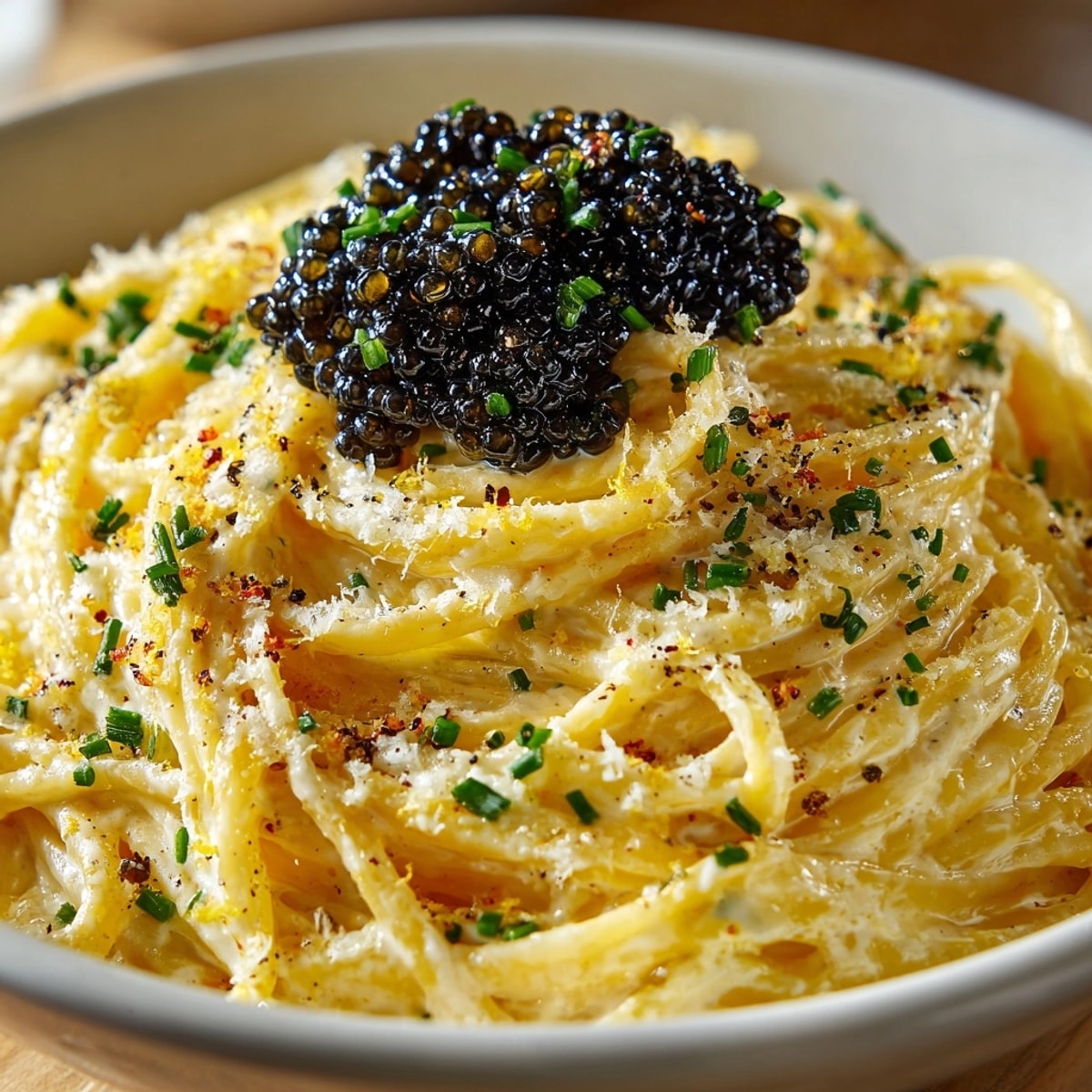 Silky Lemon Ricotta Pasta is pictured, topped with zesty lemon caviar and herbs for a delightful meal.